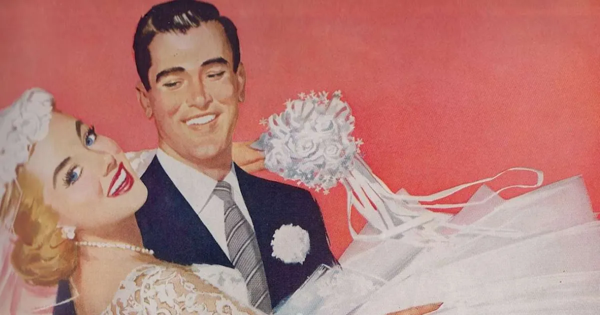 Vintage illustration of a smiling groom carrying a bride in a white wedding dress and veil.