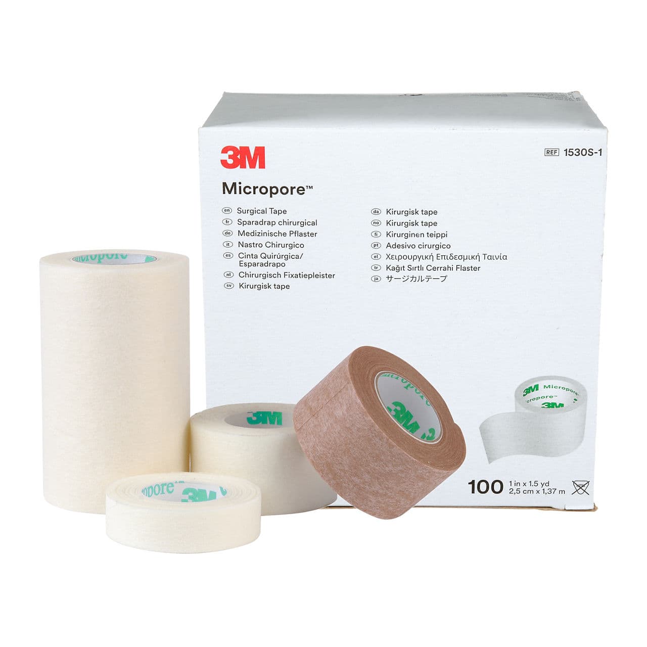 3M Micropore surgical tape product display showing white box packaging with multilingual text, three rolls of medical tape in different colors.
